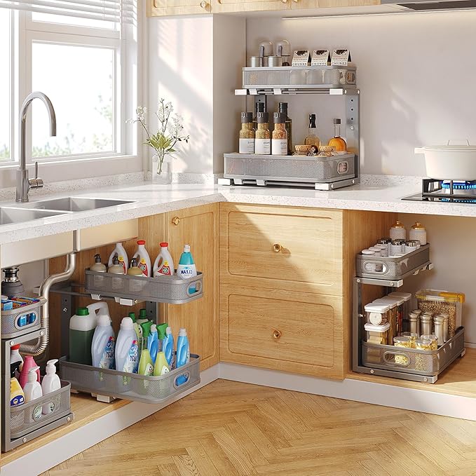 2 Pack 19.3IN-Depth Under Sink Organizer with Smooth Cylindrical Rail,2-Tier Pull Out Multi-Purpose Cabinet Storage for Bathroom&Kitchen,Height Adjustable,Rust-Resistant Coating-Gun Gray