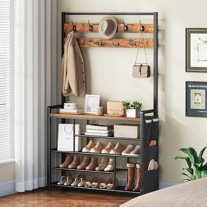 HOOBRO Hall Tree with Bench, Shoe Rack with Coat Rack, 39.4" Coat Rack with Shoe Storage, 5 Tier Shoe Storage Organizer, Oxford Fabric Side Pockets, Coat and Shoe Rack Entryway, Rustic Brown BF46MT01