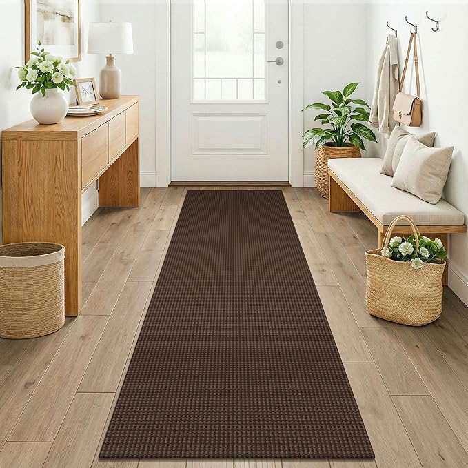 KOZYFLY Woven 2x7 Washable Kitchen Runner Rug, Non Slip Runners for Hallway, Cotton Entryway Runner, Braided Floor Carpet for Entry, Kitchen, Bedside, Hall, Brown/Dark Brown