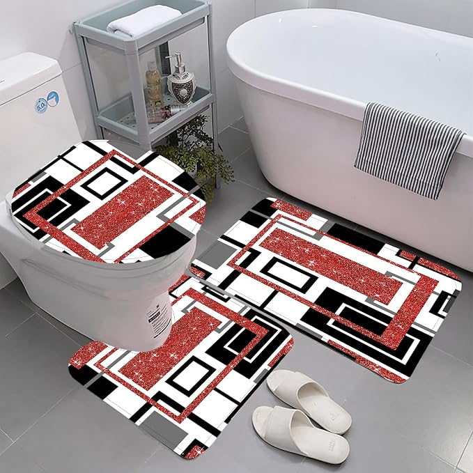 4 Pcs Red Geometric Shower Curtain Sets with Toilet Lid Cover and Non-Slip Rugs, Red Modern Abstract Bathroom Decor Sets with Shower Curtain and Rugs for Bathroom