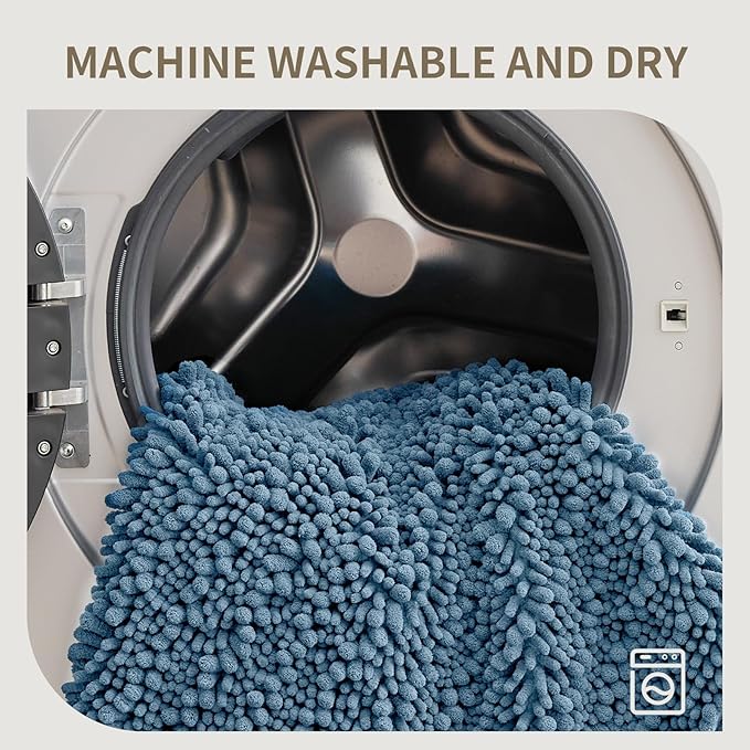 Bathroom Rugs Non Slip Washable 32x20, Extra Thick Soft Chenille Absorbent Bath Mat, High Density Barrier Non Slip Backing, Quick Dry Plush Shaggy Floor Carpet for Tub&Shower, Blue