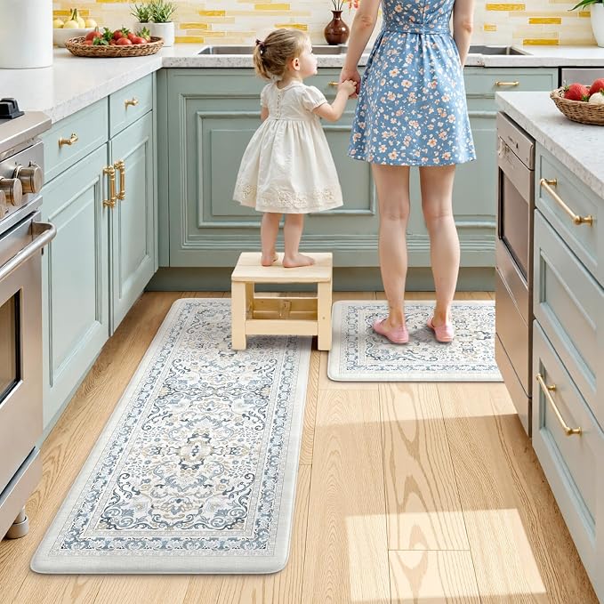KIMODE Anti Fatigue Mats for Kitchen Floor,Boho Vintage Floral Rugs Sets of 2,Cushioned Carpet Non Slip for Laundry,Wide Memory Foam Runner for Sink Office,Light Blue 20"x47"+20"x32"