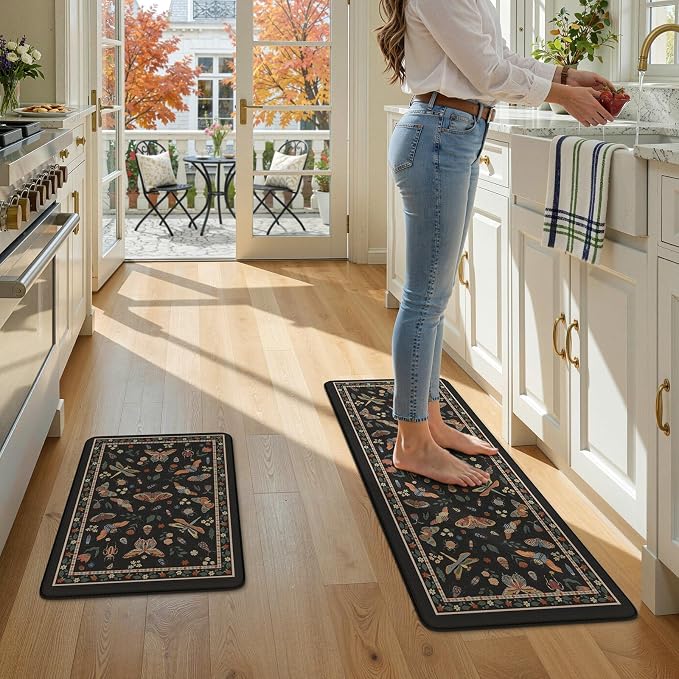LEEVAN Anti Fatigue Mats for Kitchen Floor Non-Slip, Cushioned Kitchen Mats for Floor 2 Piece, Black Memory Foam Kitchen Mat Set, Waterproof Ergonomic Standing Mat for Bar, Office,Desk, Laundry
