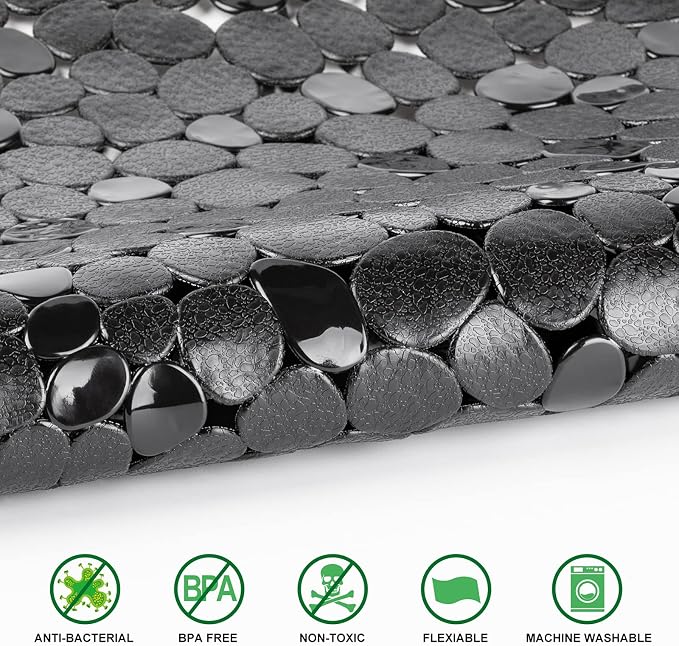 WELTRXE Pebbles Bath Mat for Tub Black Non-Slip Bathtub Mat with Suction Cups, Drain Holes for Bathroom Showers, Tub, Machine Washable, BPA, Latex Free Oval Shower Mats Bath Tub mat, 27 x 14 Inch