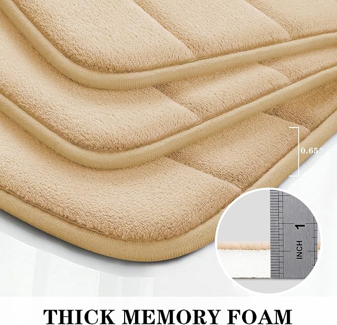 BYSURE Beige Memory Foam Bathroom Rug Set 3 Piece, Non Slip Extra Soft Absorbent Bath Mats, Machine Washable & Dry Toilet Mat Sets for Bathroom Floor
