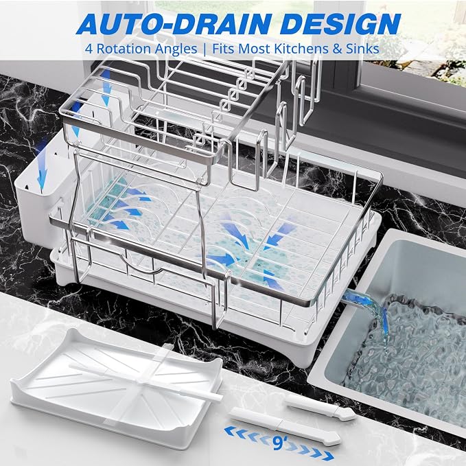 Godboat Dish Drying Rack, 2-Tier Dish Rack with Auto-Drain & Mat, 304 Stainless Steel Dish Racks for Kitchen Counter, Dish Drainer with Knife, Fork & Cup Rack, Gifts for Women, Mothers Day, Silver
