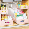 Under Sink Organizer, 2 Pack 2 Tier Pull Out Under Cabinet Organizer Shelf with Pad for Framed Cabinets, Metal Slide Out Under Sink Storage, Mesh Sliding Drawers for Kitchen Bathroom Laundry, Pink