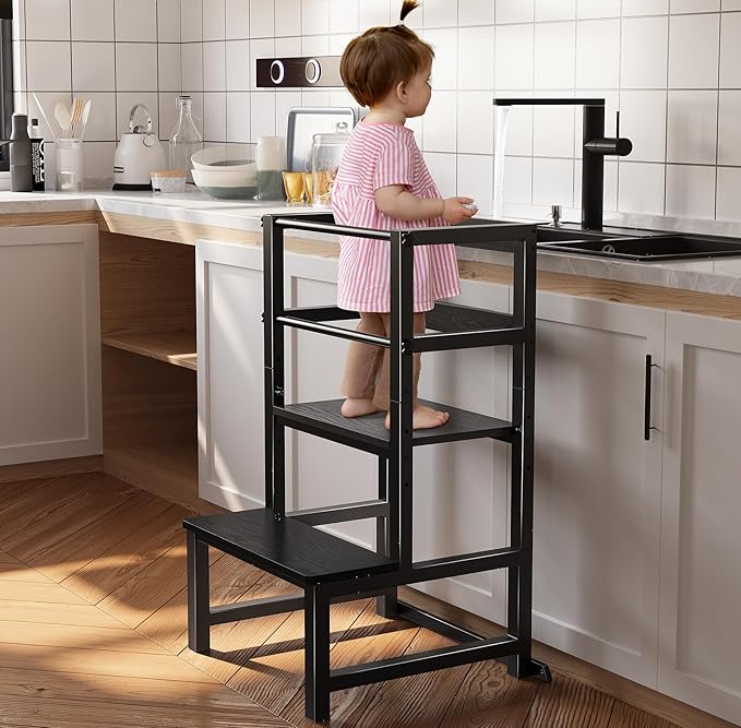 INNOD Kitchen Step Stool for Toddlers, Height Adjustable Toddler Tower with Safety Rail, Steel and Wood Toddler Kitchen Stool Helper Kids, Stool for Kids, Learning Tower, Kids' Desk Black