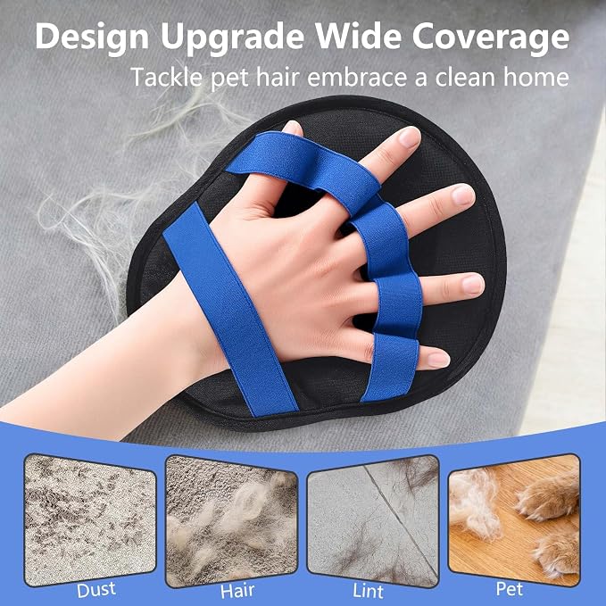 Pet Hair Removal Glove for Dogs & Cats, Reusable Washable Electrostatic Pet Hair Remover Glove, Pet Hair Mitt with Finger Straps for Couch, Carpet, Car Seats, Clothes, Furniture, Blue