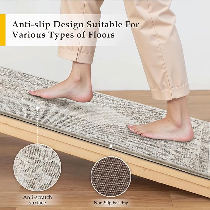 PureCozy Kitchen Mats 2PCS Anti Fatigue Cushioned Mat Beige Vintage Kitchen Mats for Floor Waterproof Non Slip Comfort Standing Medallion Floral Rug for Sink Laundry Office 17.3"x47"+17.3"x30"
