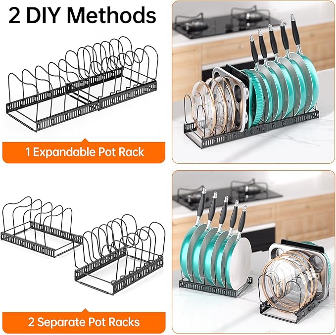 MUDEELA Pot and Pan Organizer Rack for under Cabinet, Expandable 11.81''-22.85'' Pot Lid Kitchen Cabinet Organizer Holder with 12 Adjustable Compartment Cutting Board Organizer for Pan Lid, Bakeware