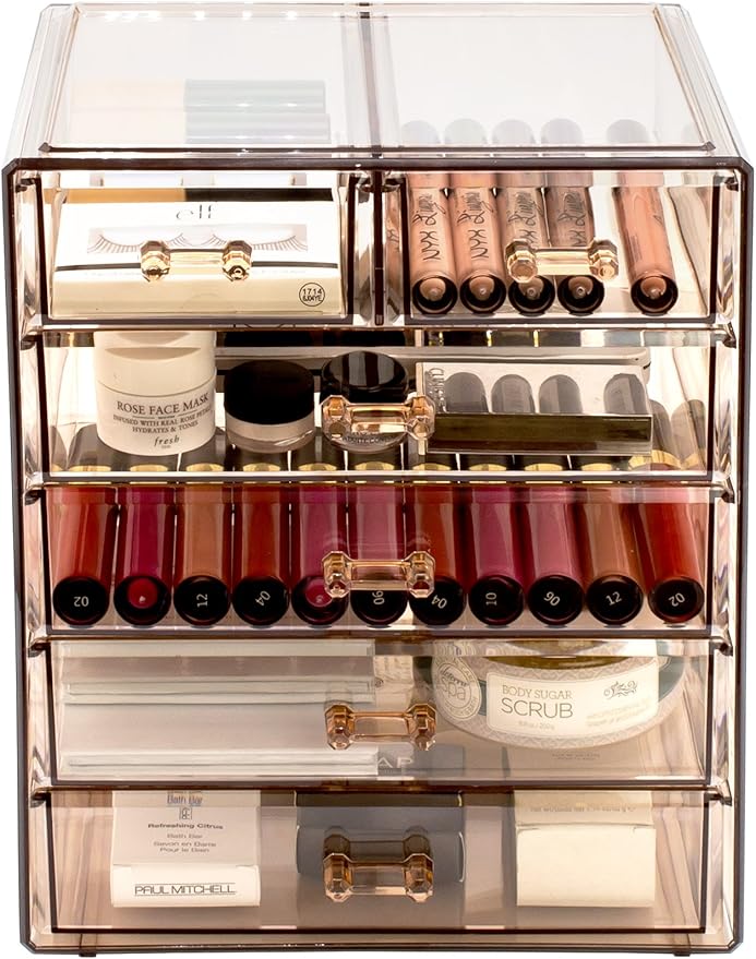 Sorbus Acrylic Makeup Organizer Set, 6-Drawer Vanity & Countertop Cosmetic Storage with Small & Wide Drawers, Bronze Glow Makeup Storage for Brushes, Lipsticks, Jewelry, Holiday Gift for Women & Teens