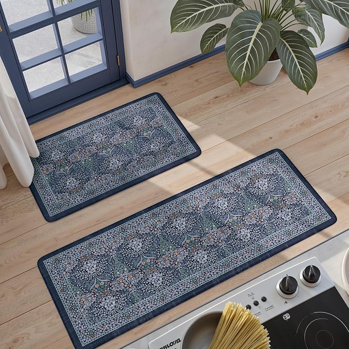 Collive Anti Fatigue Kitchen Mats, Cushioned Kitchen Rugs Set of 2 Waterproof Non Slip Desk Mat, Comfort Standing Rug Dark Blue Floral Carpet for Office, Sink, Laundry, 17.3"x29"+17.3"x47"
