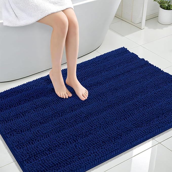 OLANLY Thick Large Bathroom Rugs 44x32, Extra Soft Absorbent Chenille Striped Bath Rugs, Rubber Backing, Machine Wash Dry, Bath Mats for Bathroom Floor, Tub and Shower, Home Decor Accessories, Navy