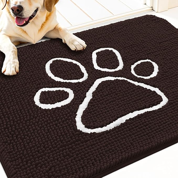 OLANLY Dog Door Mat for Muddy Paws 34x21, Paw Print Design, Absorbs Moisture and Dirt, Absorbent Non-Slip Washable Doormat, Quick Dry Chenille Mud Mat for Dogs, Entry Indoor Entryway Carpet, Brown