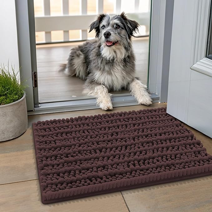 Smiry Dog Door Mat for Muddy Paws 24x16, Absorbent Dirt Trapper, Non-Slip Washable Chenille Entryway Rug for Inside Floor, Brown, Layered Pattern