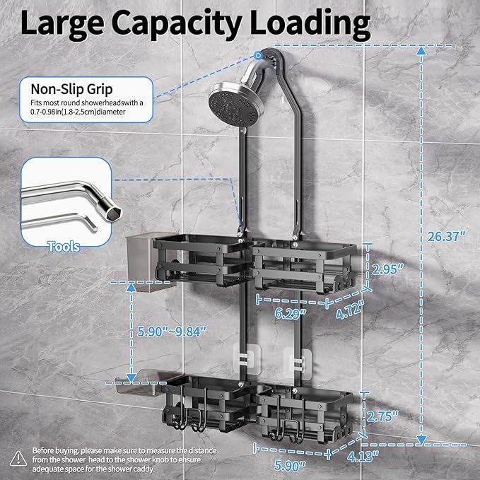 GAOKASE Aluminum Shower Caddy Hanging, Never Rust Shower Organizer- 4 Levels with adjustable Height 10 Hooks for Razor/Sponge - Rack with Soap Basket (Black-1)