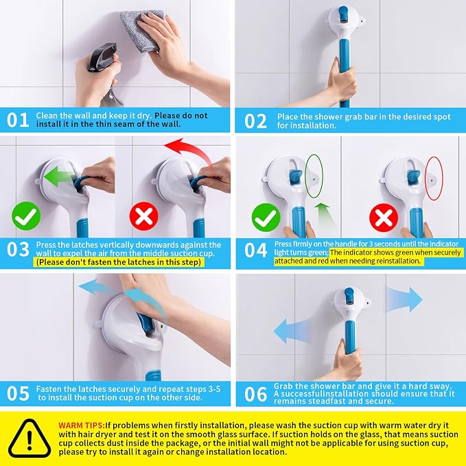 Shower Grab Bars for Seniors 2 Pack,16.8" Suction Shower Handle with Safety Indicator, No-Drill Bathroom Safety Rails for Elderly, Bathtub & Tile/Glass (Blue)