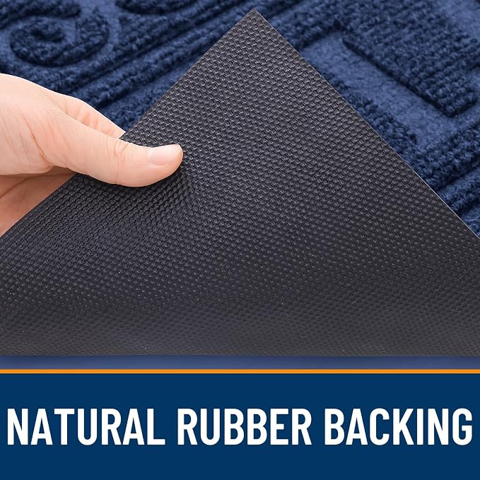OLANLY Welcome Door Mat Indoor Outdoor Entrance, Heavy Duty Sturdy Front Door Mat, Waterproof All-Weather Doormat, Stain Resistant, Low Profile, Easy Clean Patio Entryway Mat, 47 x 24, Navy Blue