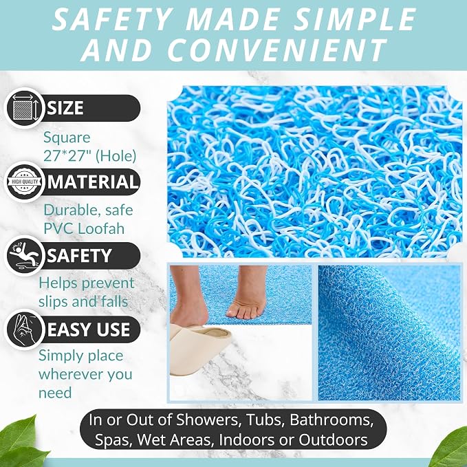 Enkosi Loofah Shower Mat with Drain Hole – Cushioned Anti-Slip Square Bath Mat for Showers, and Bathroom Floors – Textured PVC, Non Slip Safety Pad for Walk-in Stalls and Wet Areas (27x27 Aqua Blue)