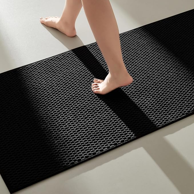 TYUU Black Bathroom Runner Rugs, Long Bath Mat Runner Washable Thin Quick Dry Low Pile Bathroom Runner Rugs Non Slip, Black 16''x60''