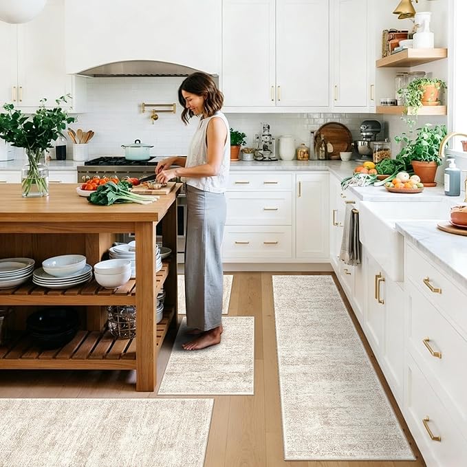 4 Piece Washable Kitchen Rug Set, Non Slip Kitchen Mats for Floor Stain Resistant Waterproof Kitchen Sink Rug Set for Kitchen, Floor, Office(Cream Beige, 2x3+2x4+2x5+2x6)
