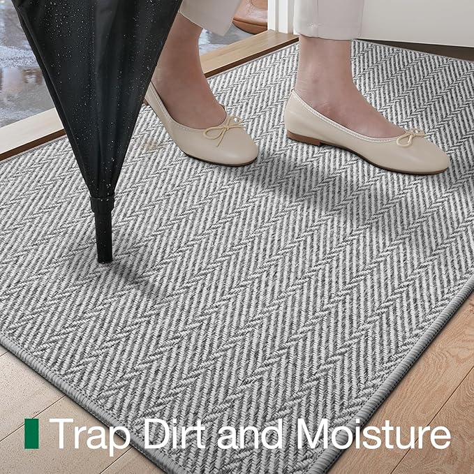 LUMI Ultra Thin Indoor Door Mat for Entrance 17"x30", Non Slip Entryway Mat, Low Profile Doormat, Unique Herringbone Design Carpet for Inside, Patio, Porch, Gray