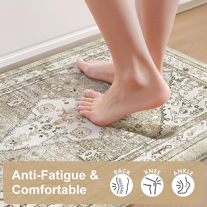Collive Boho Kitchen Mats for Floor 2 Piece, Cushioned Anti Fatigue Kitchen Mat Non-Skid Waterproof Under Sink Rug, Taupe Comfort Standing Desk Mat for Office, Home & Kitchen, 17.3"x29"+17.3"x47"