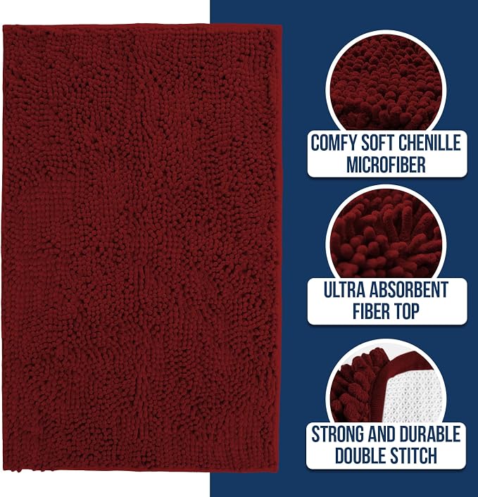 Muddy Mat® | Chenille Bathroom Rugs Quick Dry Microfiber Mats Non Slip Washable, Extra Thick, Soft and Highly Absorbent Bath Mats for Bathroom, Kitchen, and Shower Floor - Red 35"x59"