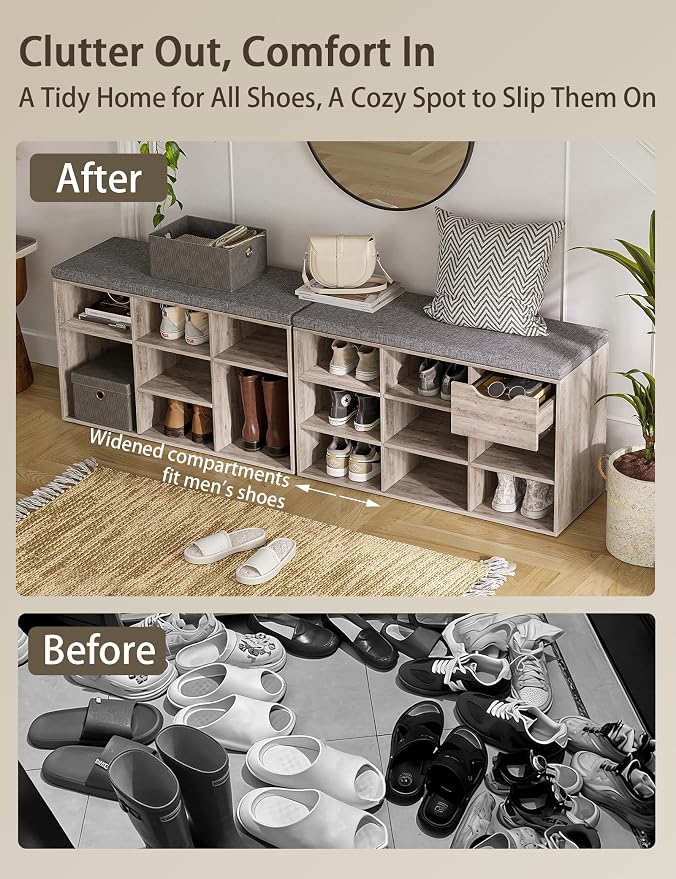 DINZI LVJ Shoe Bench, 9 Cubbies Shoe Organizer for Entryway, Storage Bench with Cushion, Cubby Shoe Rack with Adjustable Shelves for Living Room, Bedroom, Mudroom, Hallway, Greige