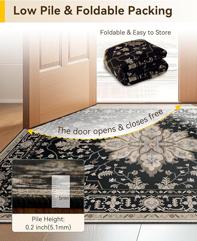 RELEANY Area Rugs Runner 2'6"x12' Washable Non-Slip, Floral Vintage Distress Medallion Carpet for Kitchen Hallway Bedroom Beside Laundry Room Bathroom, Black Brown Neutral Dark Tan