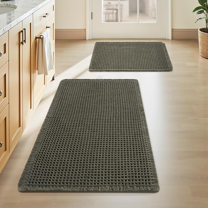 Upgraded Waffle Bath Mat Set of 2, Super Absorbent Non Slip Bath Mats for Bathroom Floor, Washable Boho Bathroom Rugs Set 2 Pieces with Tassels, Soft Bathroom Mat Set, Green, 17" x 24" Plus 20" x 32"