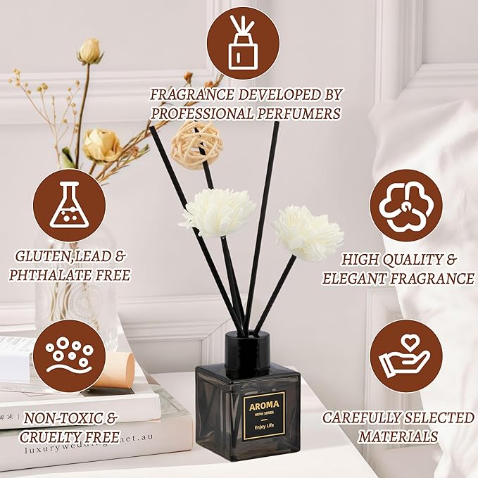 Black Glass Bottle Scent Diffuser, 1.7 oz Reed Diffuser with Sticks, Home Fragrance for Bookshelf, Bedroom Vanity, Office Desk & Bathroom Decor, Air Freshener for Aesthetic Room Decor (White Tea)