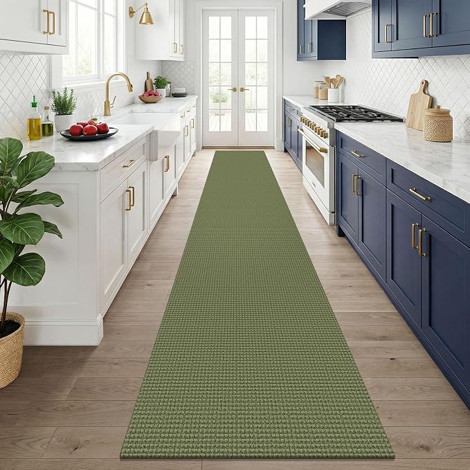 KOZYFLY Cotton 2.5'x14' Runners Rugs for Hallway, Long Washable Runner Rug, Woven Non Slip Kitchen Runner, Flatweave Entryway Rug, Floor Carpet for Entry, Aisle, Hall, Olive Green/Earthy Green