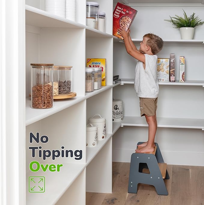 OCODILE 2-Step Wooden Step Stool for Toddlers | Kids Stool for Bathroom Sink & Kitchen Use | Non-Slip Step | Wooden Stool for Children Ages 2+ Years Gray