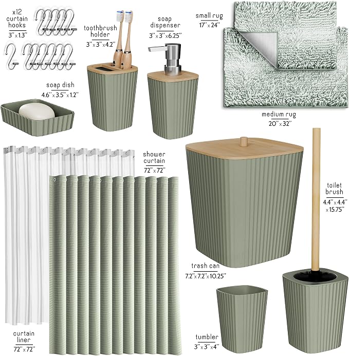 Clara Clark Bathroom Accessories Set - Bathroom Set, Bathroom Sets with Shower Curtain and Rugs, Shower Curtain Set with Trah Can - Ombre Sage Green - 22PC