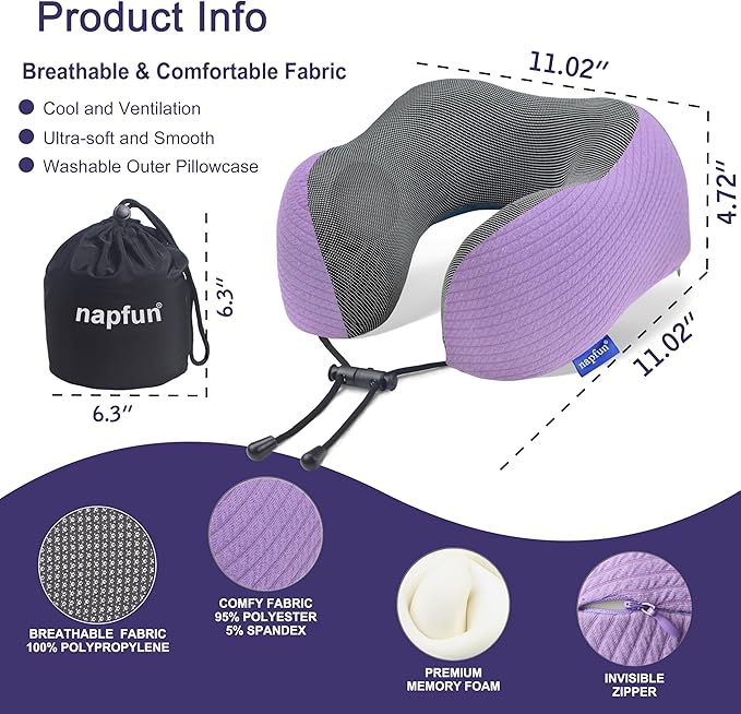 napfun Neck Pillow for Traveling, Upgraded Travel Neck Pillow for Airplane 100% Pure Memory Foam Travel Pillow for Flight Headrest Sleep, Portable Plane Accessories, Light Purple
