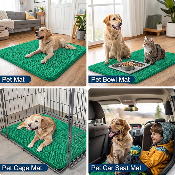 Smiry Dog Door Mat for Muddy Paws 36x24, Absorbent Dirt Trapper, Non-Slip Washable Chenille Entryway Rug for Inside Floor, Emerald Green, Classic Solid