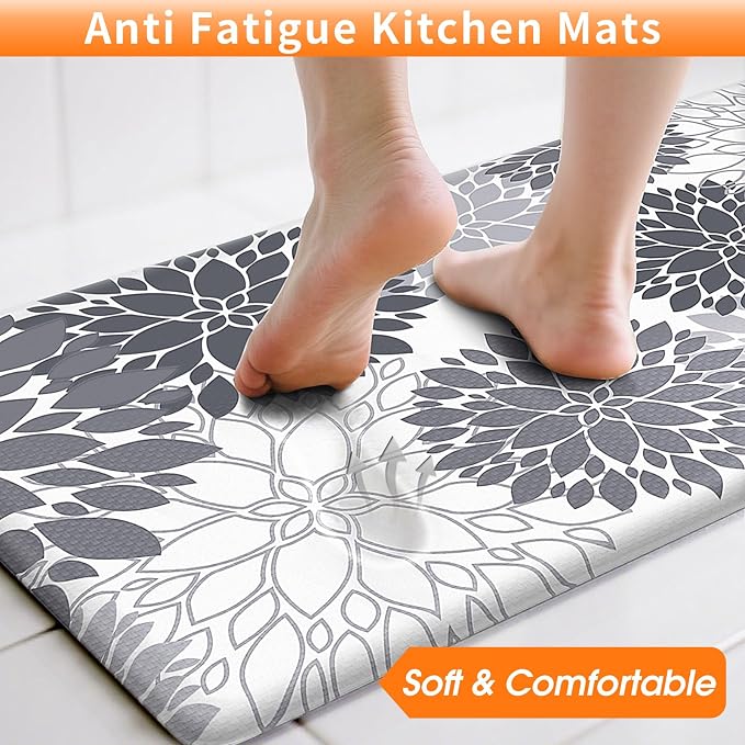 StepLively Kitchen Mats for Floor 2PCS, Anti Fatigue Mats for Kitchen Floor, Kitchen Accessories for Sink, Office, Laundry, 17.3"×30"+17.3"×47", White and Grey