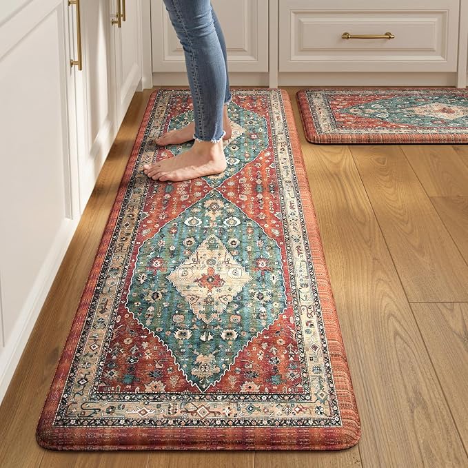 Collive Boho Kitchen Mat 2PCS, Cushioned Anti Fatigue Kitchen Mats for Floor Waterproof Kitchens Rugs Set of 2, Non Slip Comfort Standing Mat for Office, Sink, Laundry, 17.3"x29"+17.3"x59"