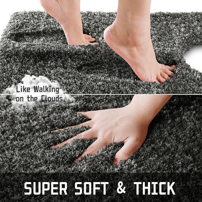 Yimobra Toilet Rugs U Shaped 24X20, Ultra Soft and Water Absorbent Bath Mats, Non Slip Fluffy Luxury Microfiber Contour Bath Rugs for Toilet, Dry Quick, Machine Washable, Light Gray and Black Gray