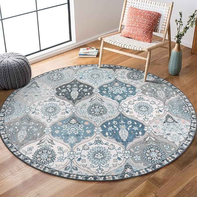 Lahome Moroccan Washable Round Rug, Soft Vintage Small Round Rug 3ft Non-Slip, Ultra-Thin Distress Circle Carpet for Entryway Bathroom Bedroom Kitchen Elise, Blue