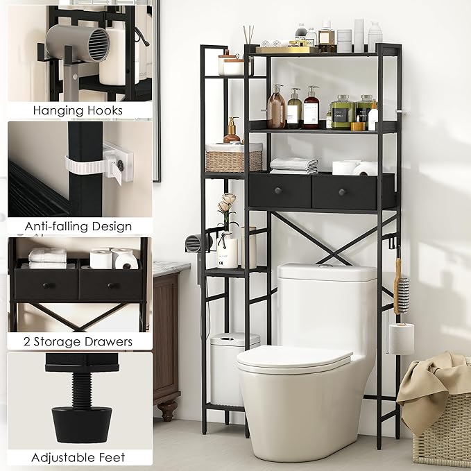 Over The Toilet Storage Shelf with Drawers, 7 Tier Above Toilet Bathroom Organizer Rack with Adjustable Shelves, Space Saver Stand Behind Toilet with Paper Holder & Hooks for Laundry, Black