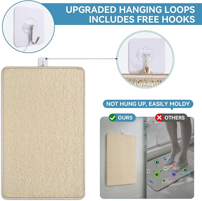Non Slip Shower Mat Bathtub Mat 16x24 Inch, Quick Dry Bath Mat with Drain, Soft PVC Imitation Loofah Foot Scrubber Bath Mats for Bathroom Tub Shower Floor, Hangable & Hook Included, Beige