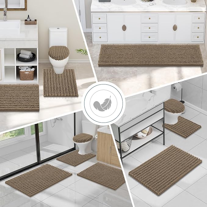 Smiry Bathroom Toilet Rugs U Shaped 24x20, Extra Soft Absorbent Non Slip Rubber Backing Chenille Contour Bath Rugs for Toilet, Machine Washable Contoured Bath Mats, Camel