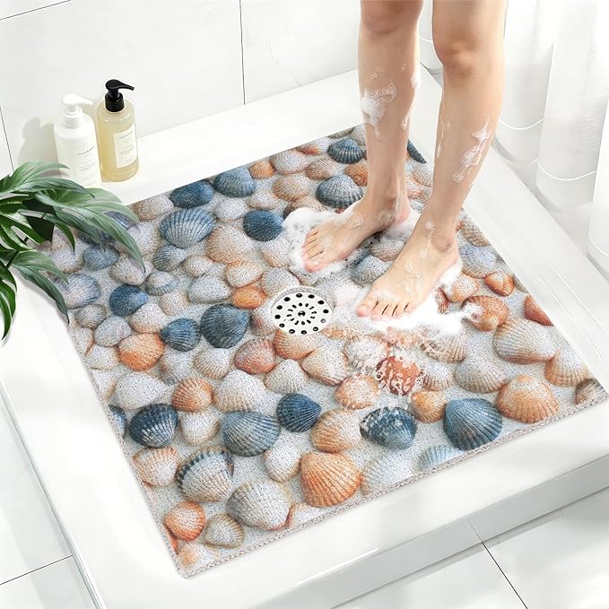Square Shower Mat, Yonala 27 x 27 Inch Stylish Non Slip Shower Mats for Inside Shower with Central Drain Hole, Soft Trimmable PVC Loofah Anti Slip Shower Mat for Walk in Shower Stall, Quick Drying