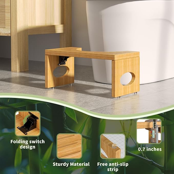 ROMGUAR CRAFT 7 Inch Bamboo Toilet Stool, Foldable Poop Stool, Bathroom Step Stool Squat (Natural)