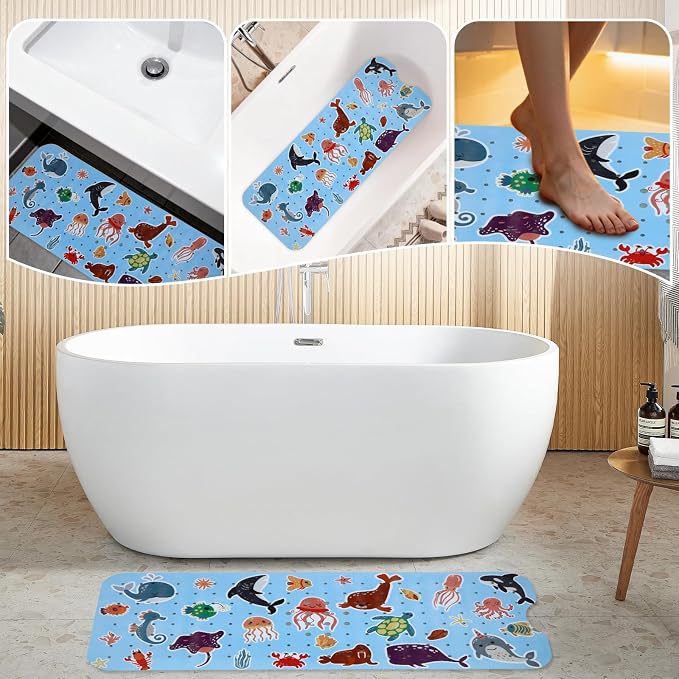 Bath Tub Shower Mat Non Slip Kids Bathtub Mat Anti Slip Baby Bath Mat for Tub 40 x 16 Inch Extra Long Toddler Bath Mat with Suction Cups and Drain Holes for Bathroom Floor,Seahorse Seaturtle