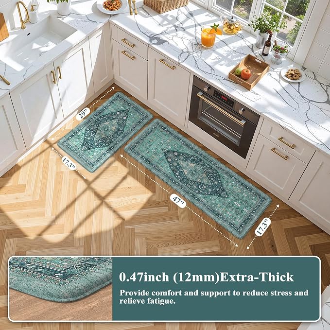 Collive Boho Kitchen Mats for Floor 2 Piece, Cushioned Anti Fatigue Kitchen Floor Mat Non-Skid Waterproof Under Sink Rug, Teal/Multi Comfort Standing Desk Rugs for Office, 17.3"x29"+17.3"x47"