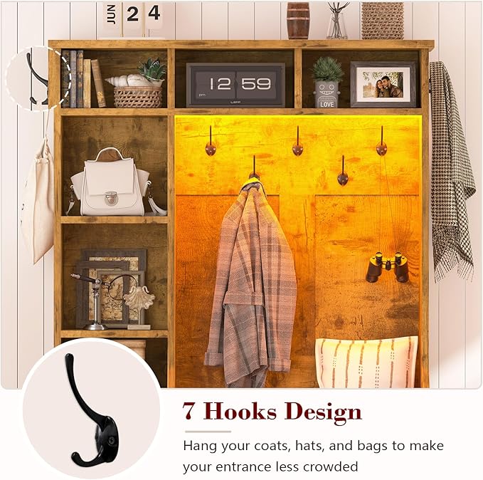 CSZZD Hall Tree with Bench and Shoe Storage, Farmhouse Entryway Bench with Coat Racks and Led Lights, Tall Hall Tree with 7 Coat Hooks, 6 Storage Cubbies, Adjustable Shelf, Rustic